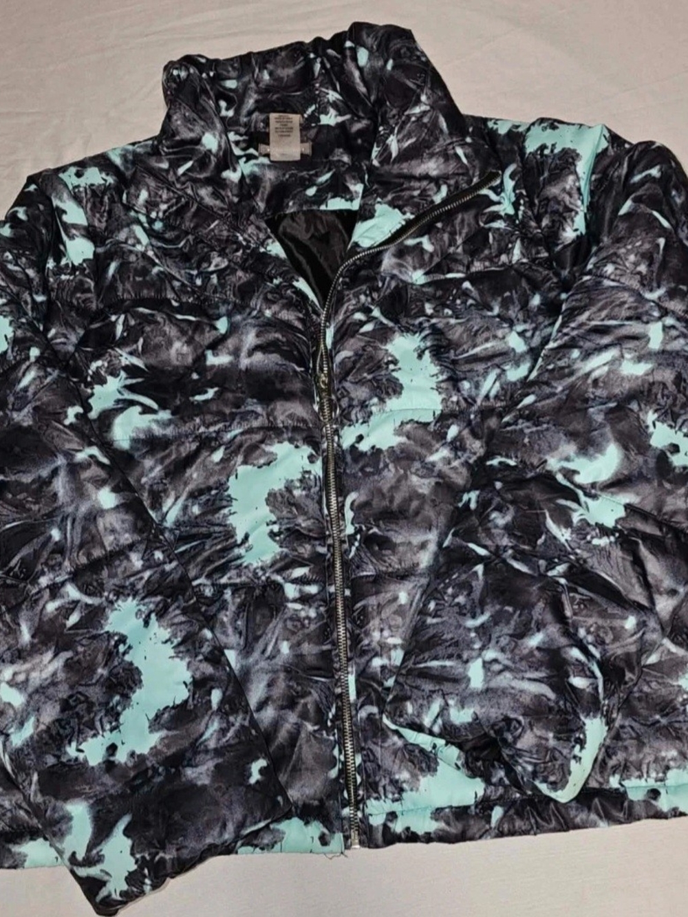Sans Souci Black and Aqua Abstract Quilted Puffer Jacket